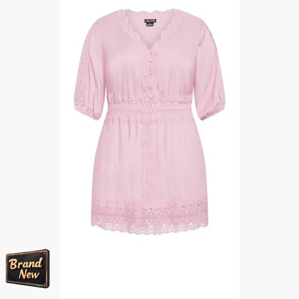 Plus Size V-Neck Dress with Puff Sleeves, Elastic Waist, Crochet Details